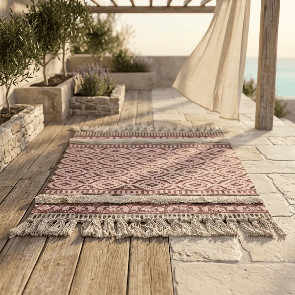 Tapis bohème disposé sur une terrasse en bois avec vue sur la mer.