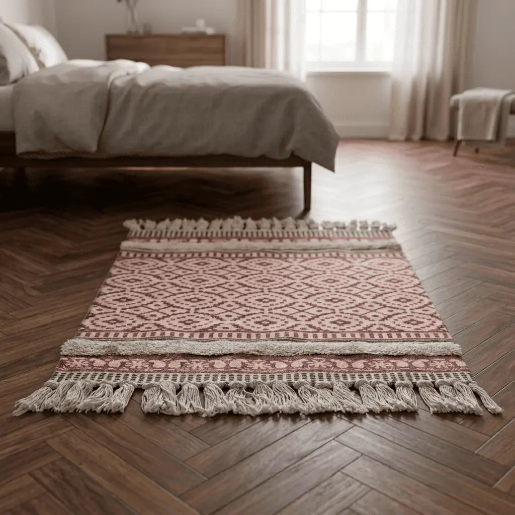 Tapis bohème ILYANA placé au pied d’un lit dans une chambre élégante.