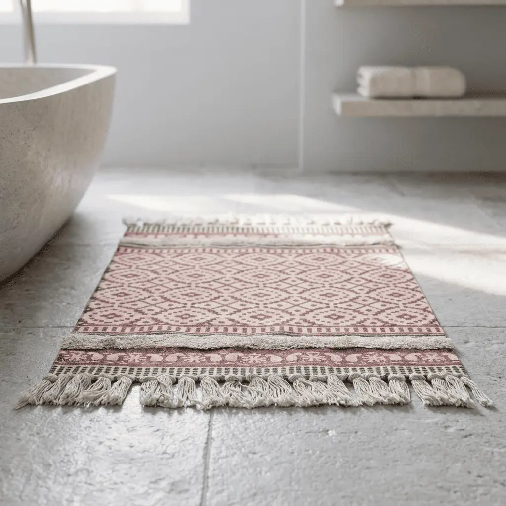 Tapis bohème rose poudré et beige à motifs géométriques, installé dans une salle de bain lumineuse.