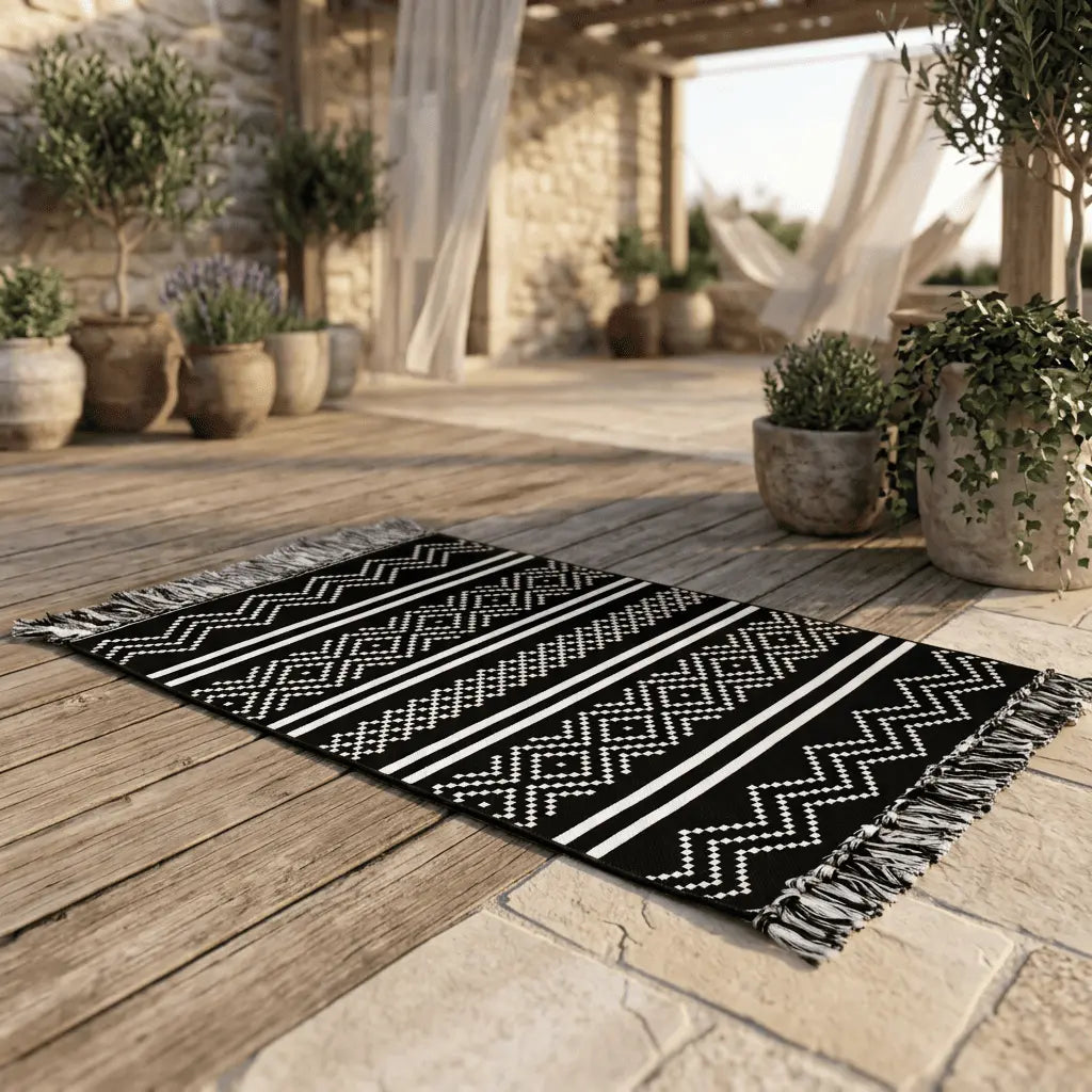 Tapis bohème disposé sur une terrasse en bois avec des plantes en pots.