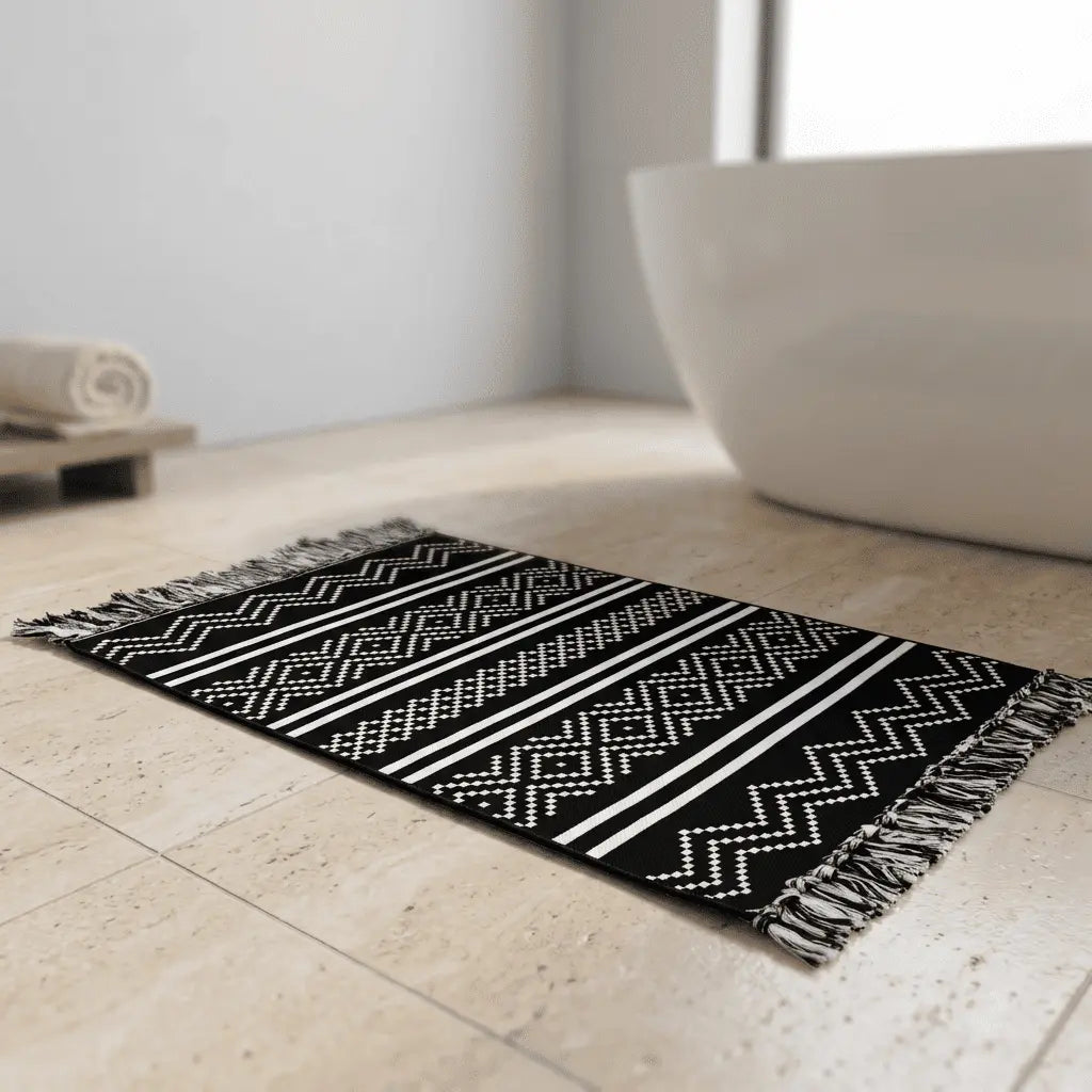 Tapis bohème installé dans une salle de bain moderne aux tons clairs.