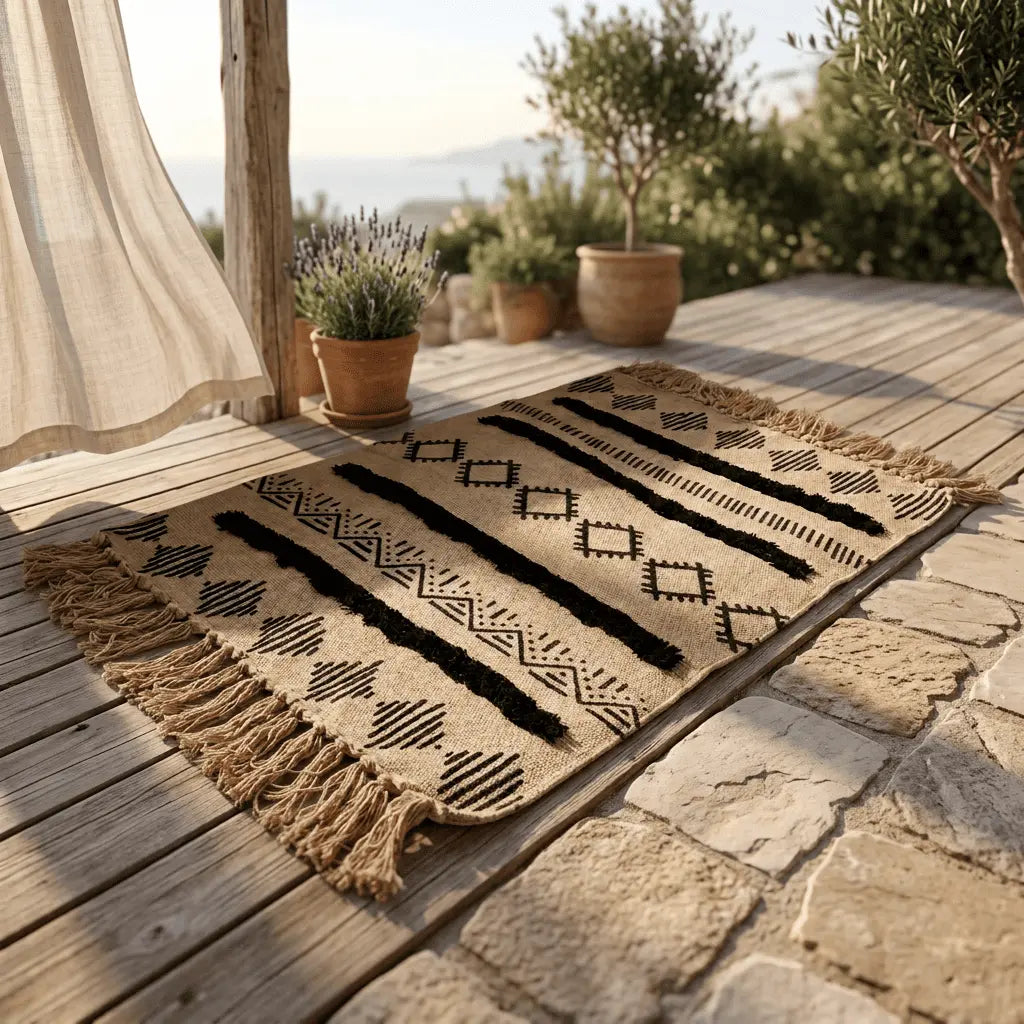 Tapis bohème beige et noir à motifs géométriques, installé sur une terrasse en bois.
