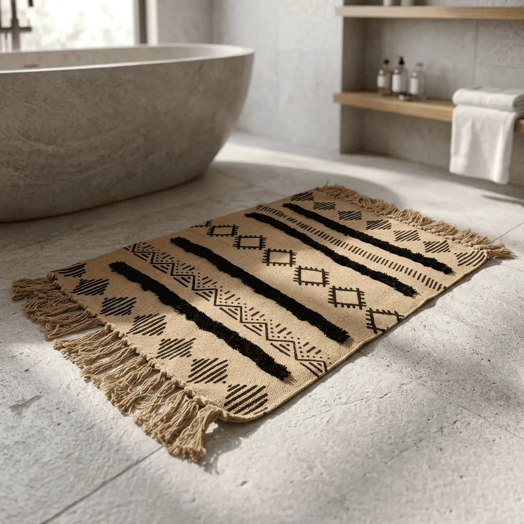 Tapis bohème installé dans une salle de bain lumineuse avec baignoire.