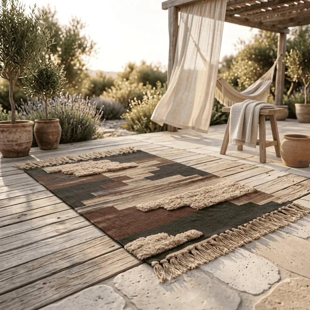 Tapis bohème installé sur une terrasse en bois, dans un jardin méditerranéen.