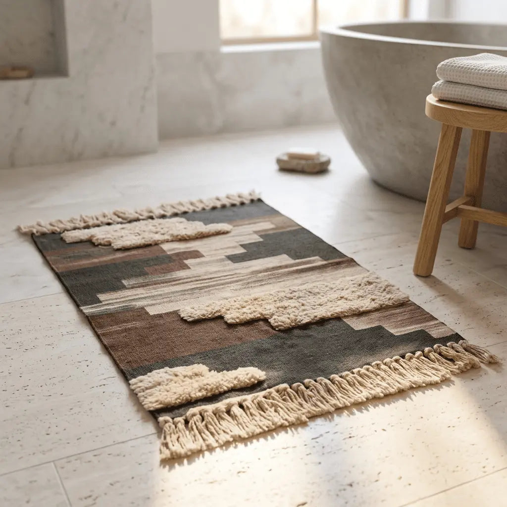 Tapis bohème aux tons terre, composé de formes géométriques et de bandes texturées au bord d'une baignoire moderne.