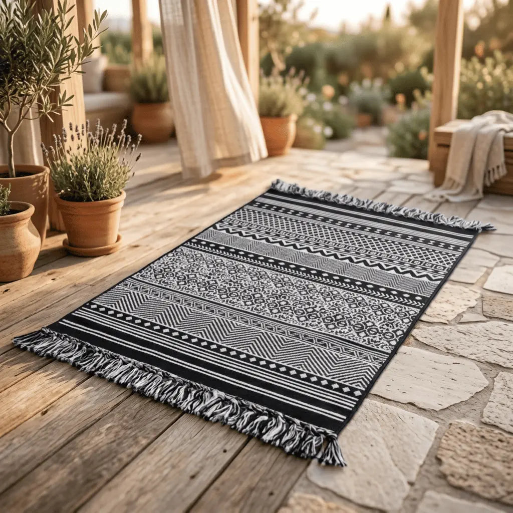 Tapis berbère disposé sur une terrasse en bois, entouré de plantes.