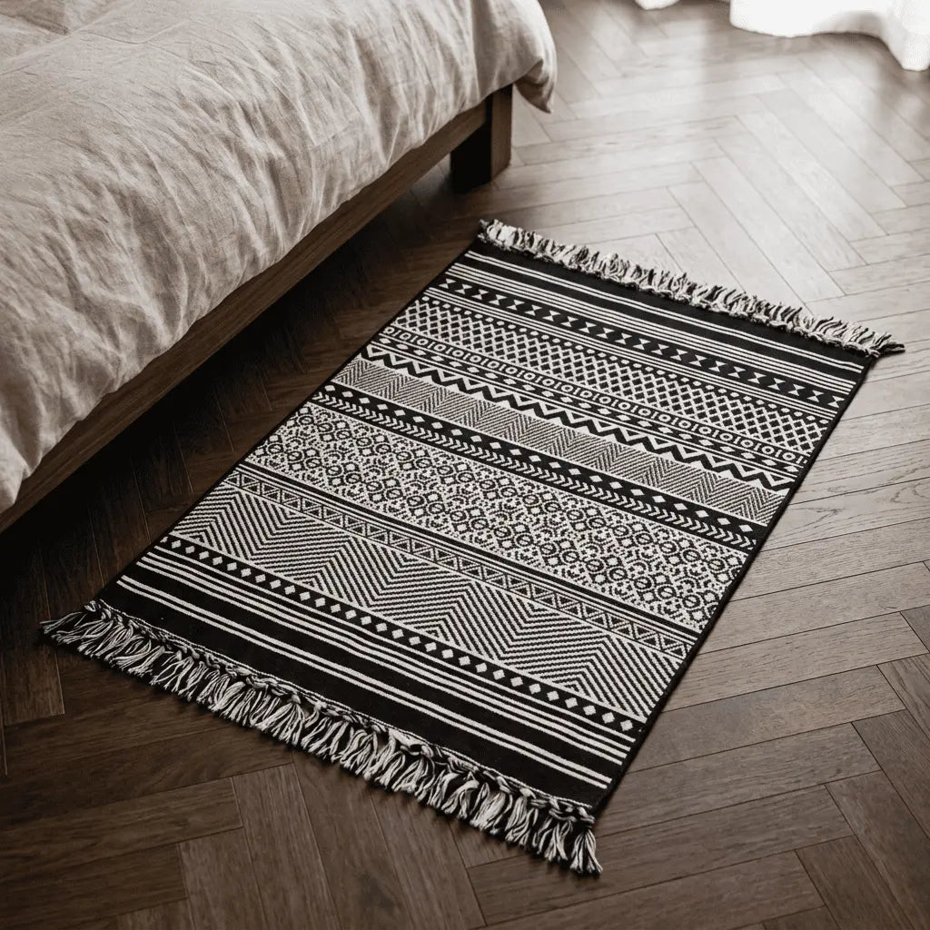 Tapis berbère ATLAS placé au pied d’un lit, sur un parquet en bois foncé.