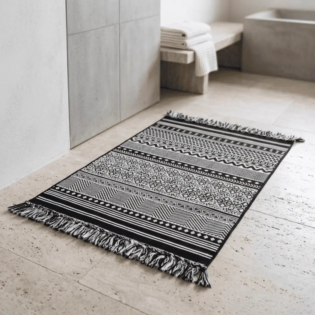 Tapis berbère noir et blanc installé dans une salle de bain lumineuse.