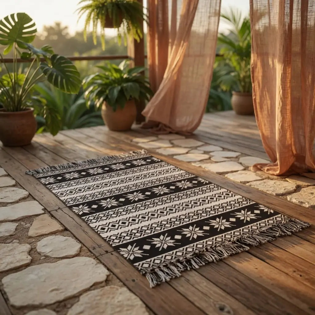 Tapis bohème installé sur une terrasse en bois, entouré de plantes tropicales.