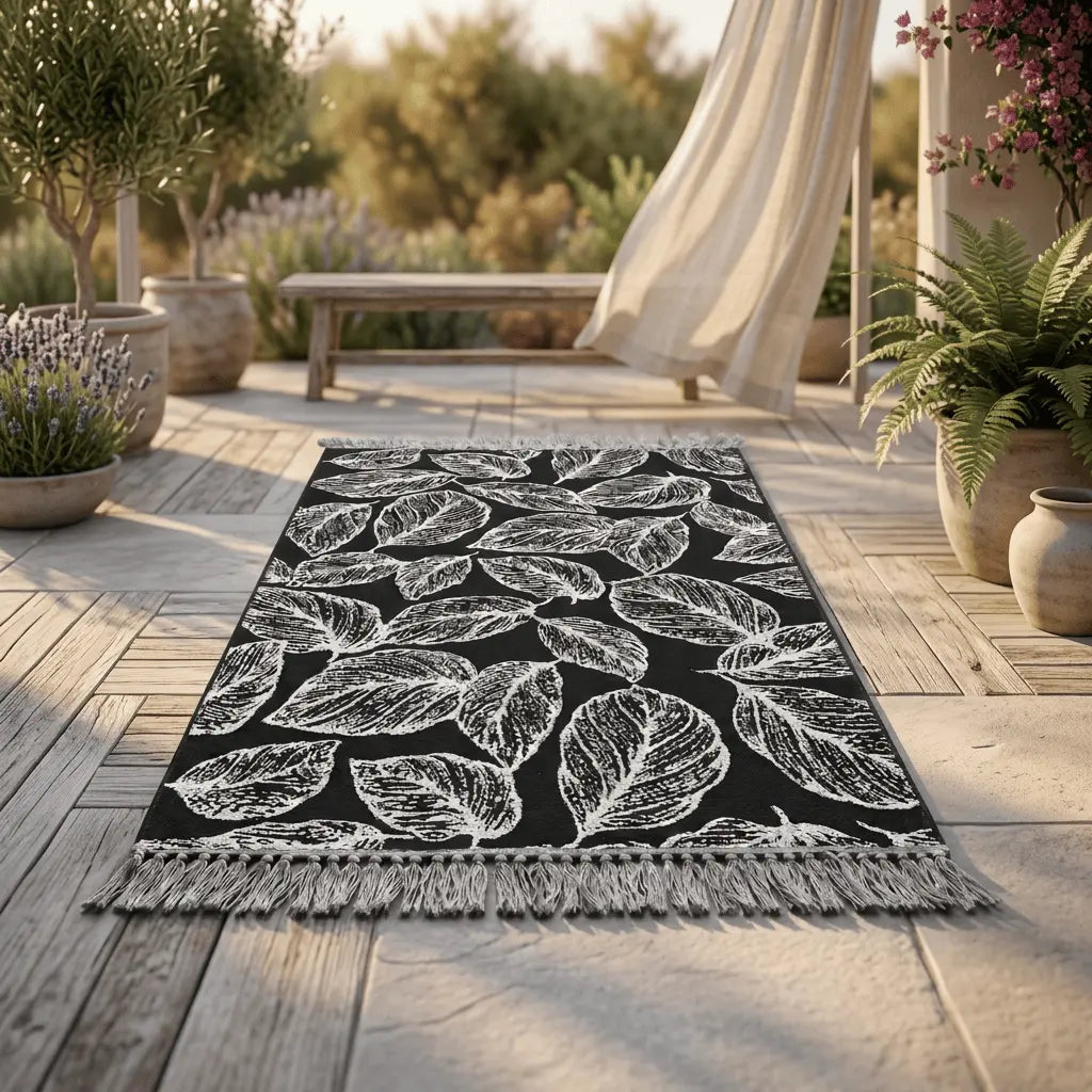Tapis bohème noir à motifs de feuilles blanches placé sur une terrasse en bois.