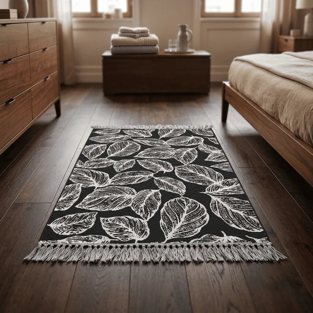 Tapis bohème ÉBÈNE noir et blanc orné de feuilles dessinées, posé dans une chambre.