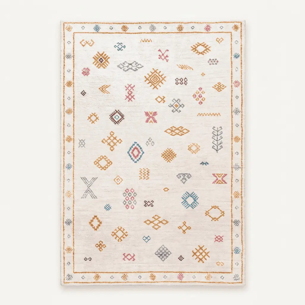 Tapis berbère écru orné de petits symboles berbères multicolores, vu de dessus.