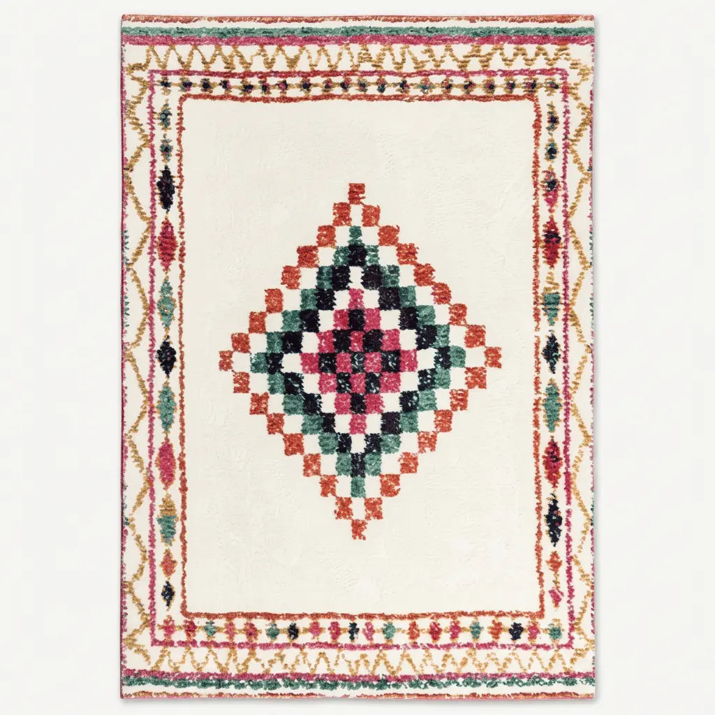 Tapis berbère écru à motif central losange rose, vert et orange, vu de dessus.