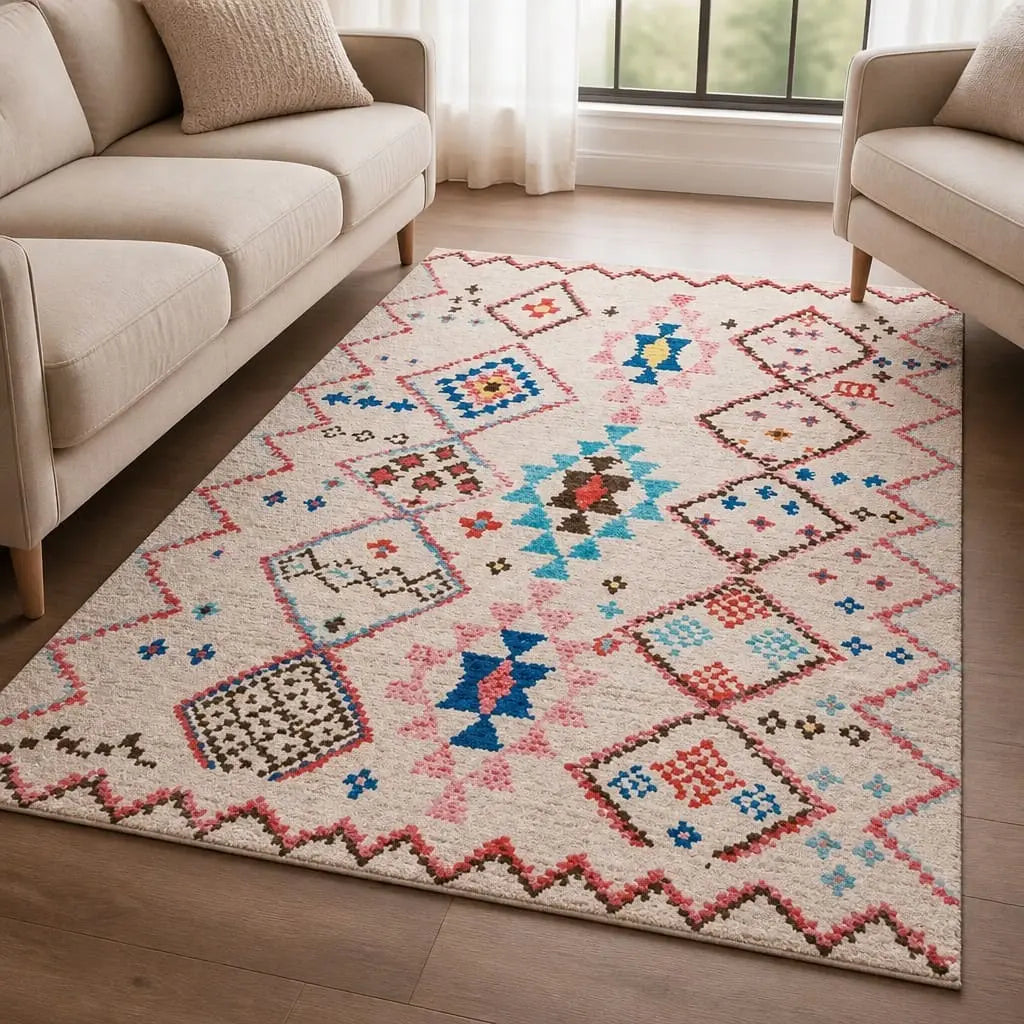 Tapis marocain TIZNIT écru aux motifs berbères colorés dans un salon lumineux.