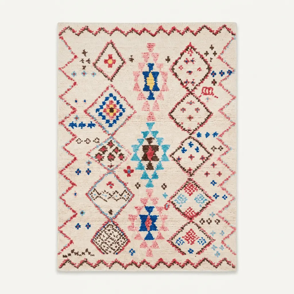 Tapis marocain décoré de losanges, de symboles géométriques et de motifs rouges, bleus et roses.