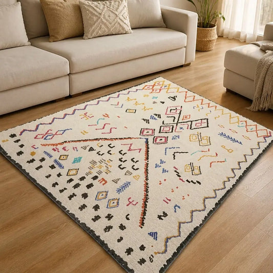 Tapis marocain TIZIRI écru aux motifs berbères colorés dans un salon lumineux.