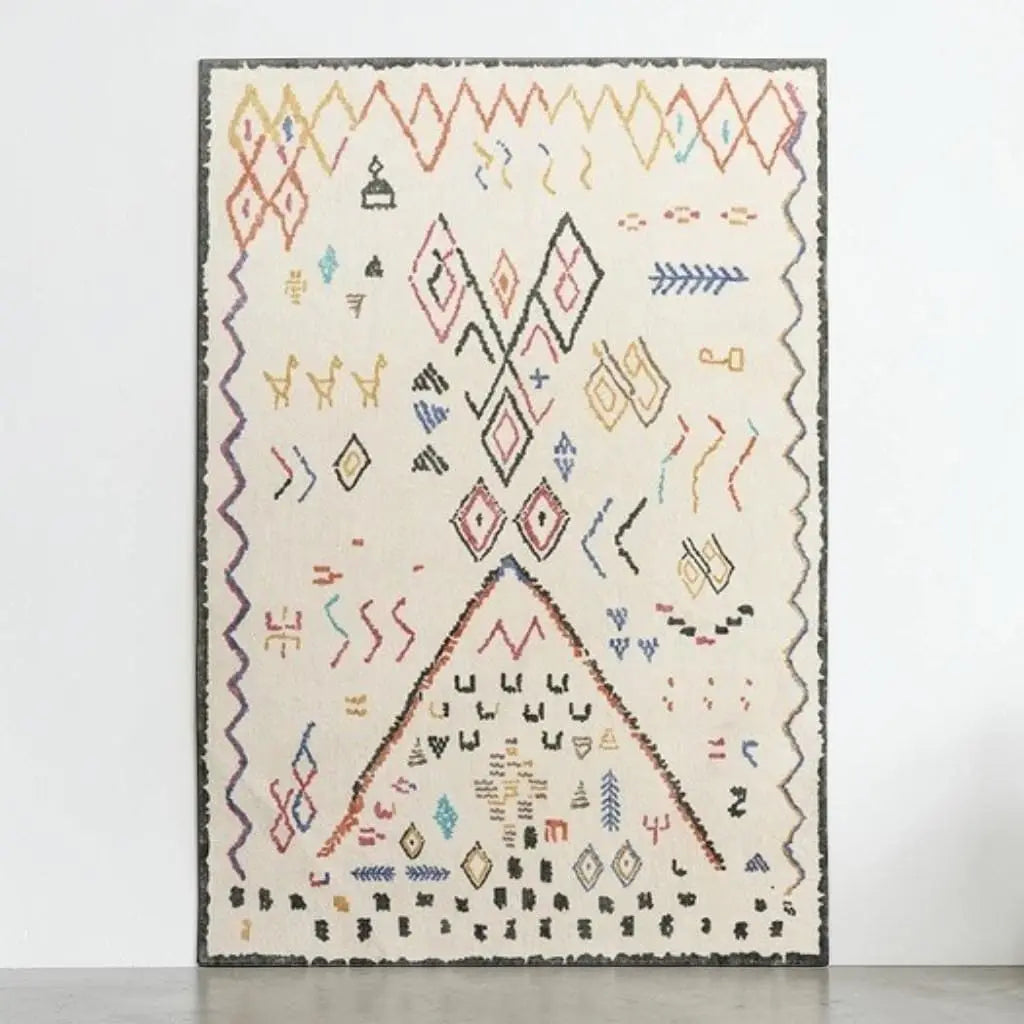 Tapis marocain écru orné de symboles berbères, de losanges et de motifs géométriques multicolores.