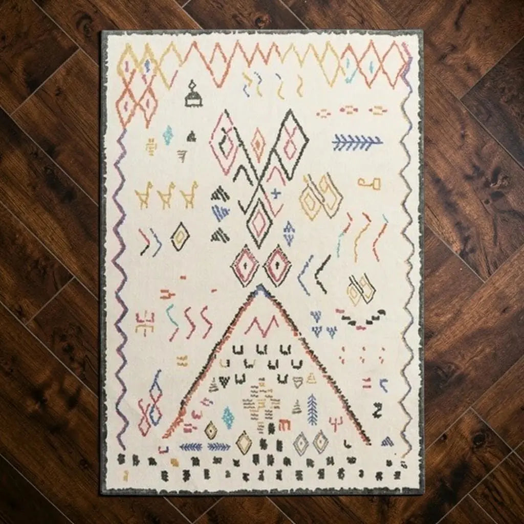 Tapis marocain à motifs traditionnels posé sur un parquet sombre.