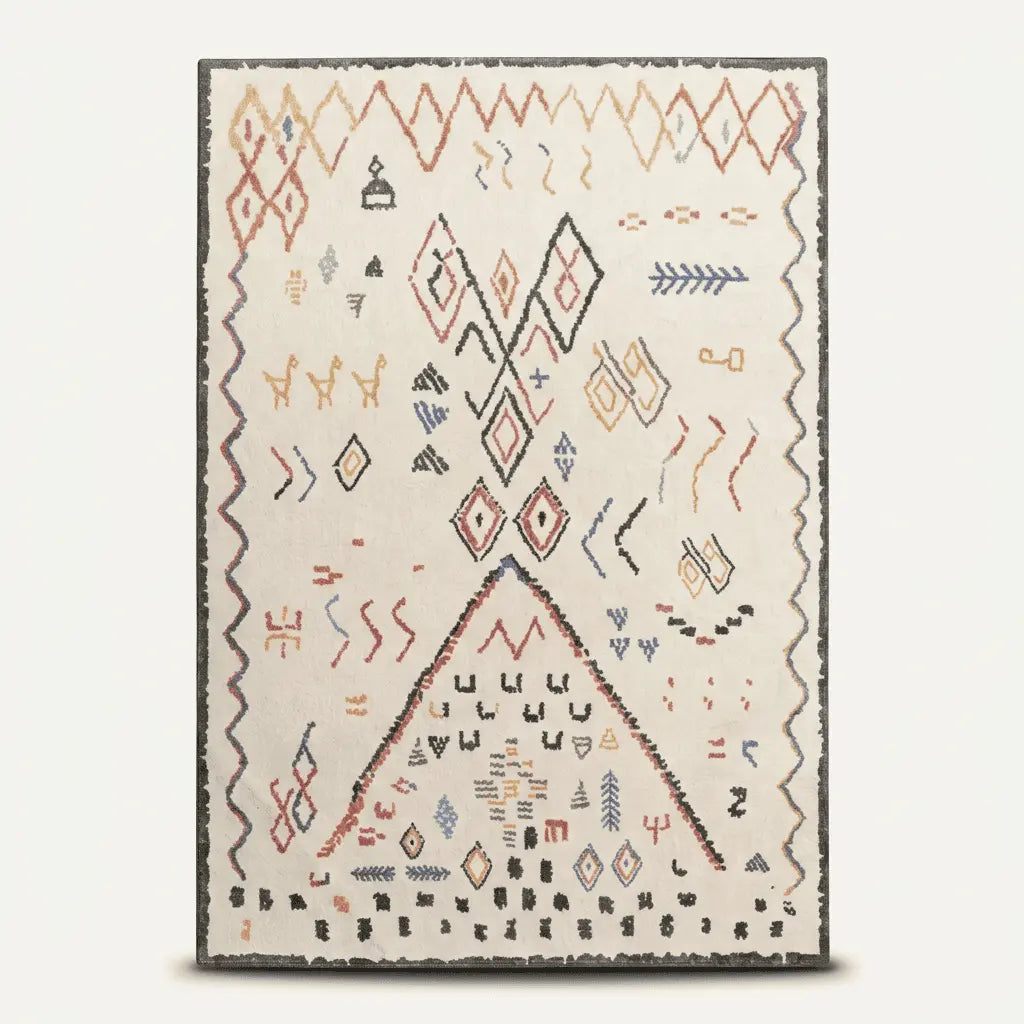 Tapis marocain décoré de motifs berbères colorés présenté contre un mur clair.