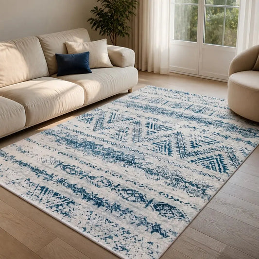 Tapis marocain IFRANE écru et bleu aux motifs berbères horizontaux dans un salon lumineux.