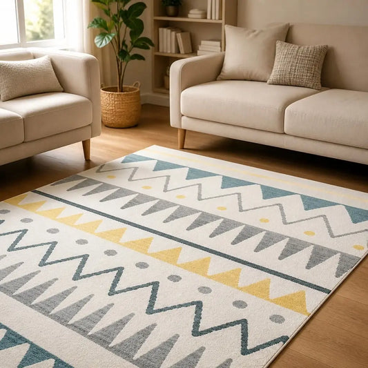 Tapis marocain AZURA écru aux motifs géométriques gris, bleu et jaune dans un salon lumineux.