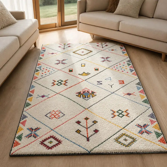 Tapis marocain TAMAZIRT écru aux motifs berbères géométriques multicolores dans un salon lumineux.