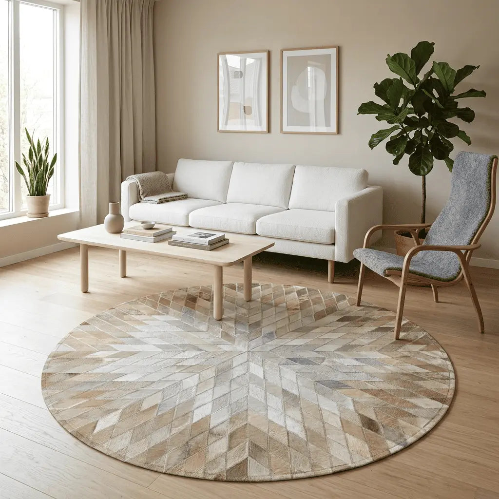 Tapis rond disposé dans un séjour contemporain ouvert sur un jardin.