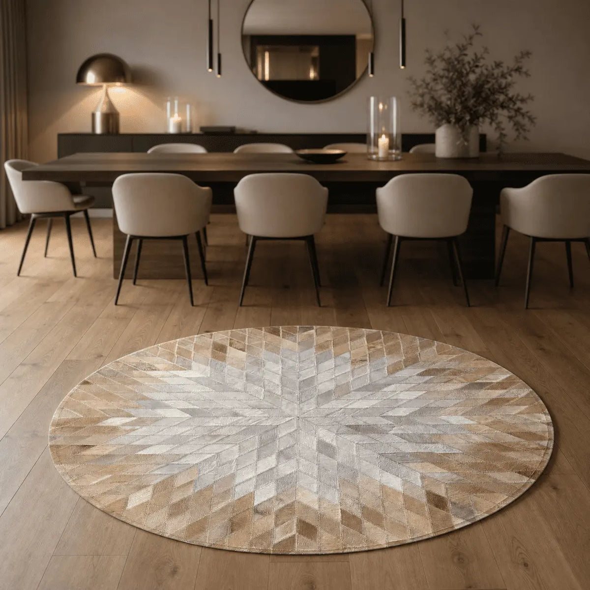 Tapis rond placé dans une salle à manger élégante aux tons chaleureux.