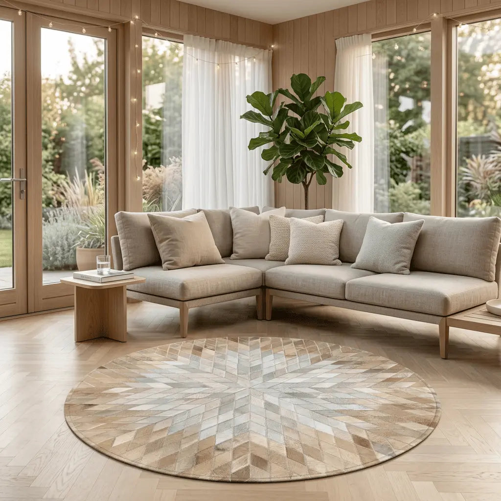 Tapis rond ROSACE beige et gris clair à motif géométrique en rosace, installé dans un salon lumineux.