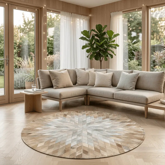Tapis rond ROSACE beige et gris clair à motif géométrique en rosace, installé dans un salon lumineux.
