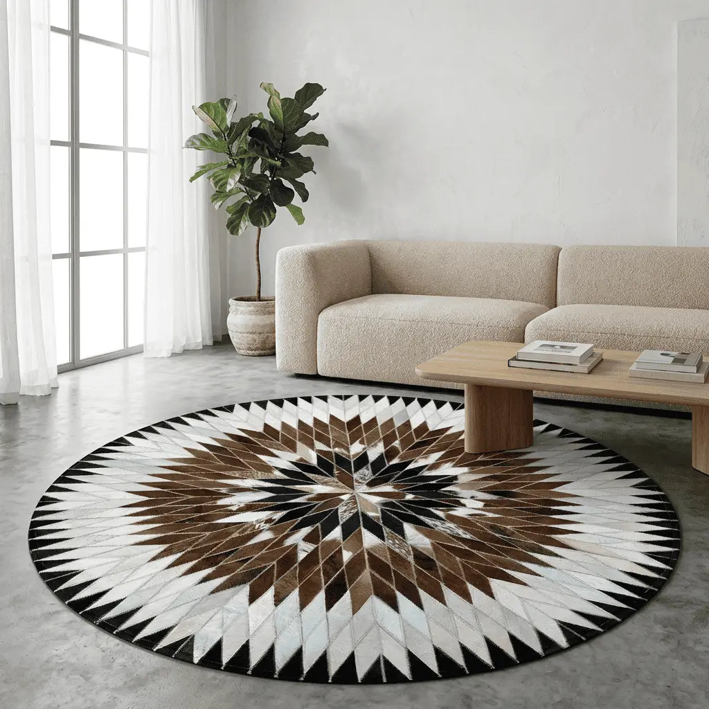 Tapis rond disposé dans un salon moderne devant un canapé beige.