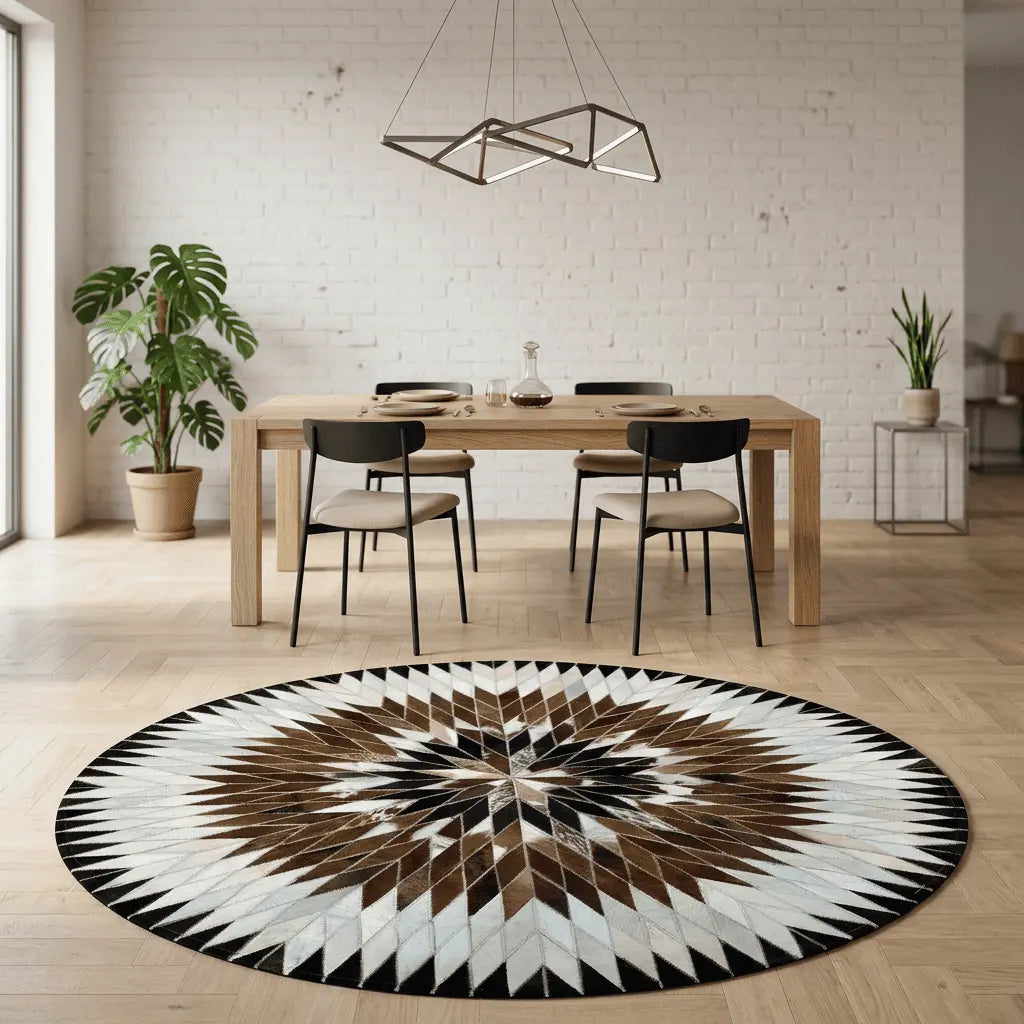 Tapis rond CALYSTRIA marron, blanc et noir à motif géométrique radial, installé dans une salle à manger.