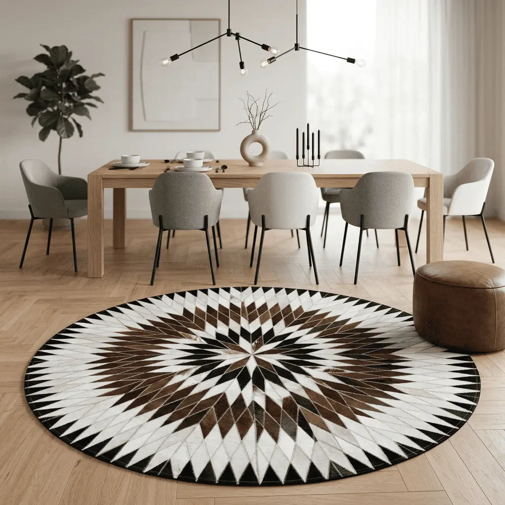 Tapis rond placé sous une table dans une salle à manger lumineuse.
