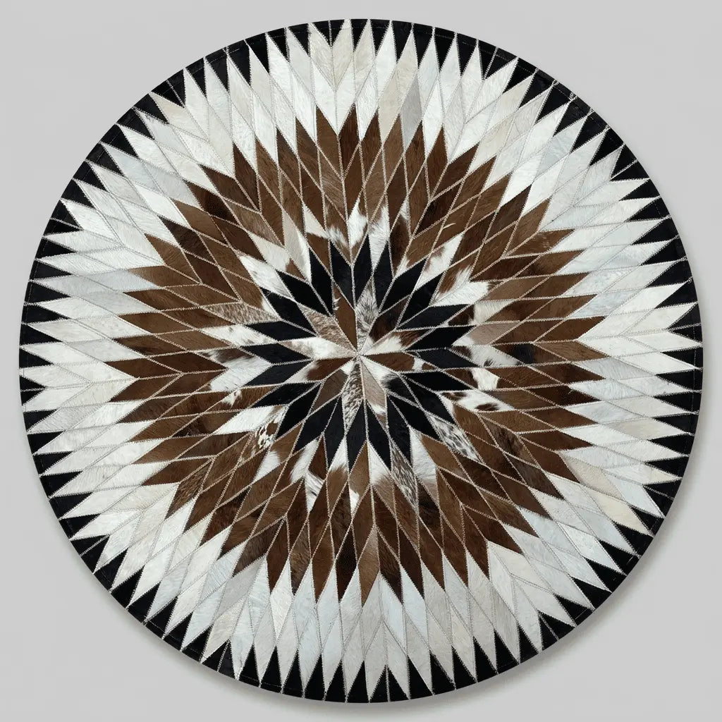 Tapis rond marron, blanc et noir présenté vu du dessus sur fond clair.