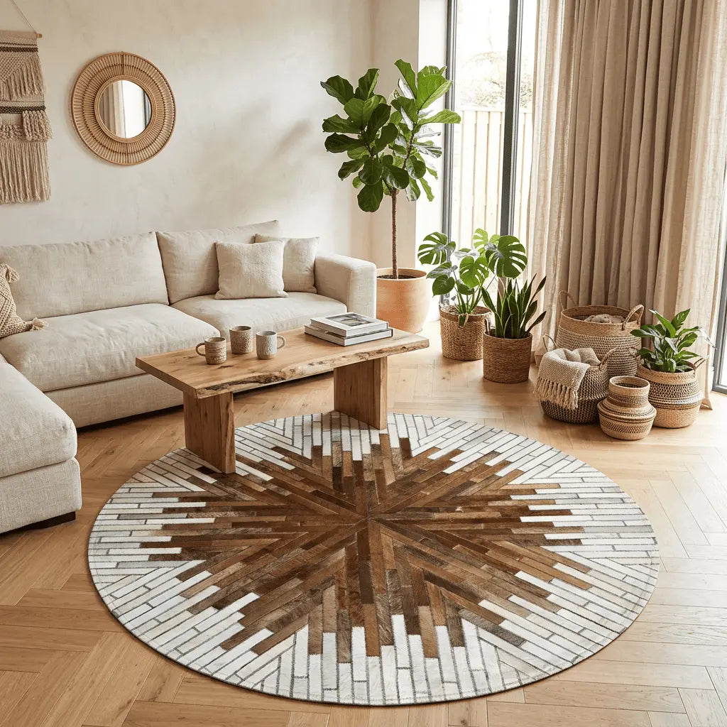Tapis rond RADIANCE disposé dans un salon lumineux aux accents naturels.