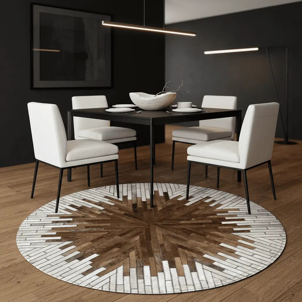 Tapis rond marron et blanc à motif rayonnant, installé dans une salle à manger moderne.