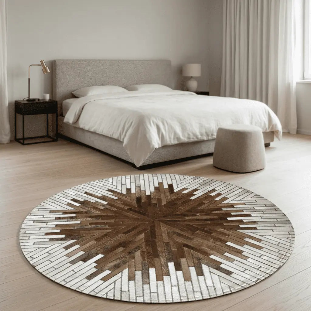 Tapis rond placé dans une chambre contemporaine aux tons neutres.