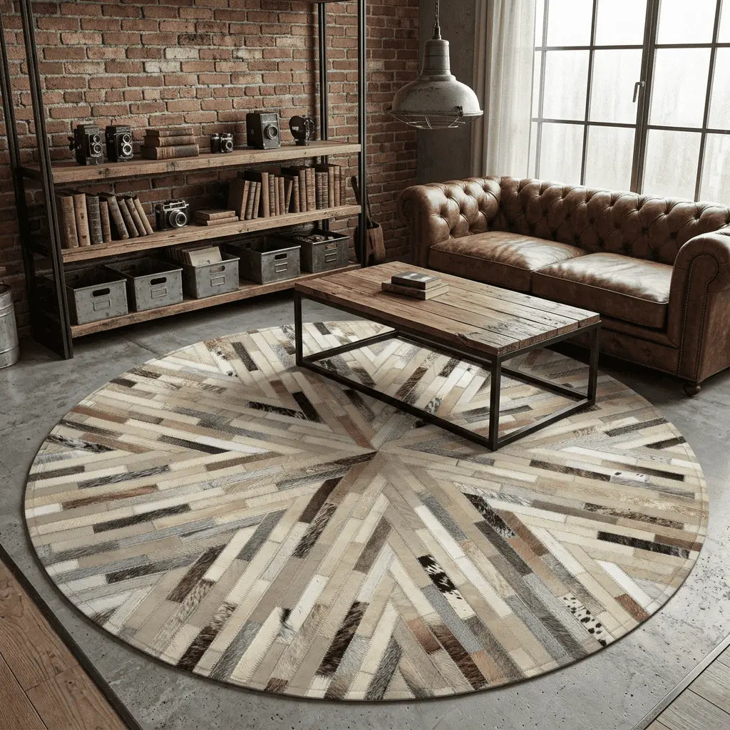 Tapis rond beige, crème et gris à motif rayonnant, installé dans un salon industriel.