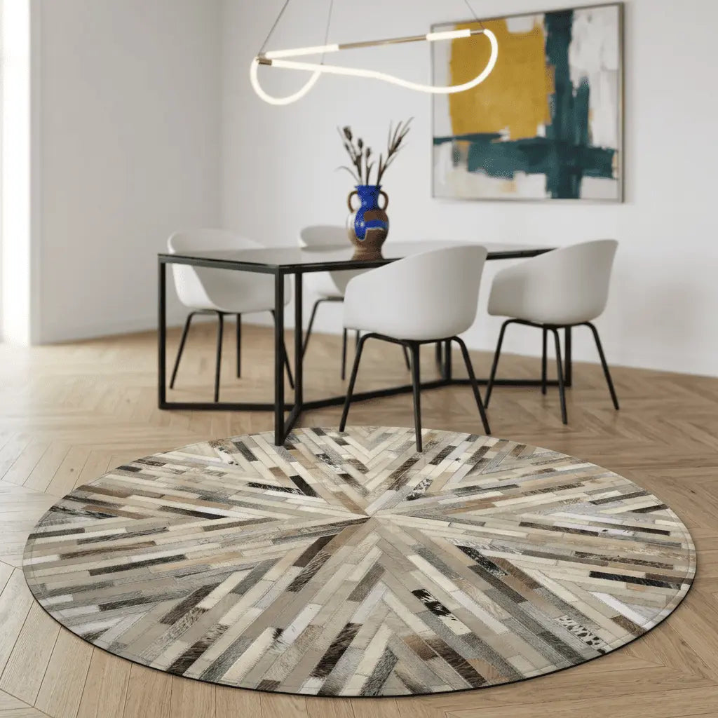 Tapis rond ÉCLAT placé dans une salle à manger contemporaine aux tons neutres.