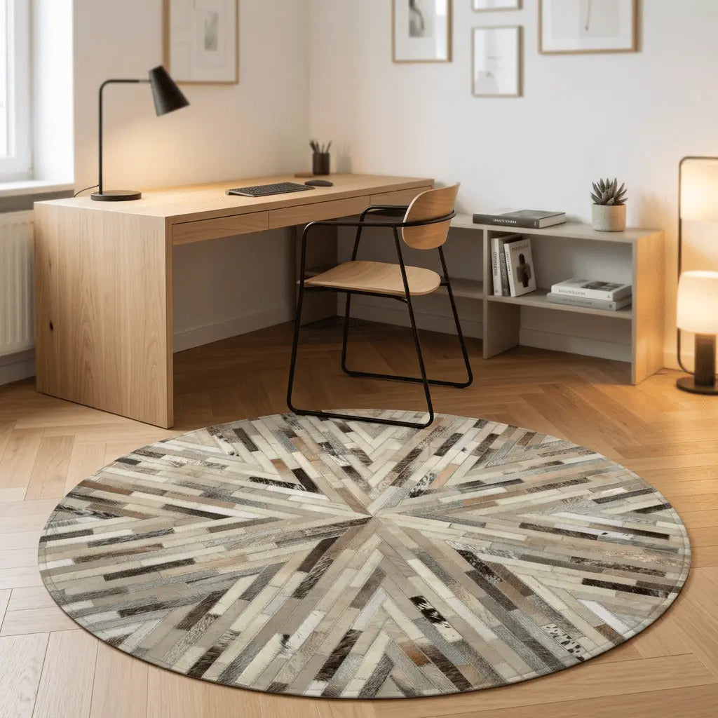 Tapis rond disposé dans un bureau moderne sous un bureau en bois clair.