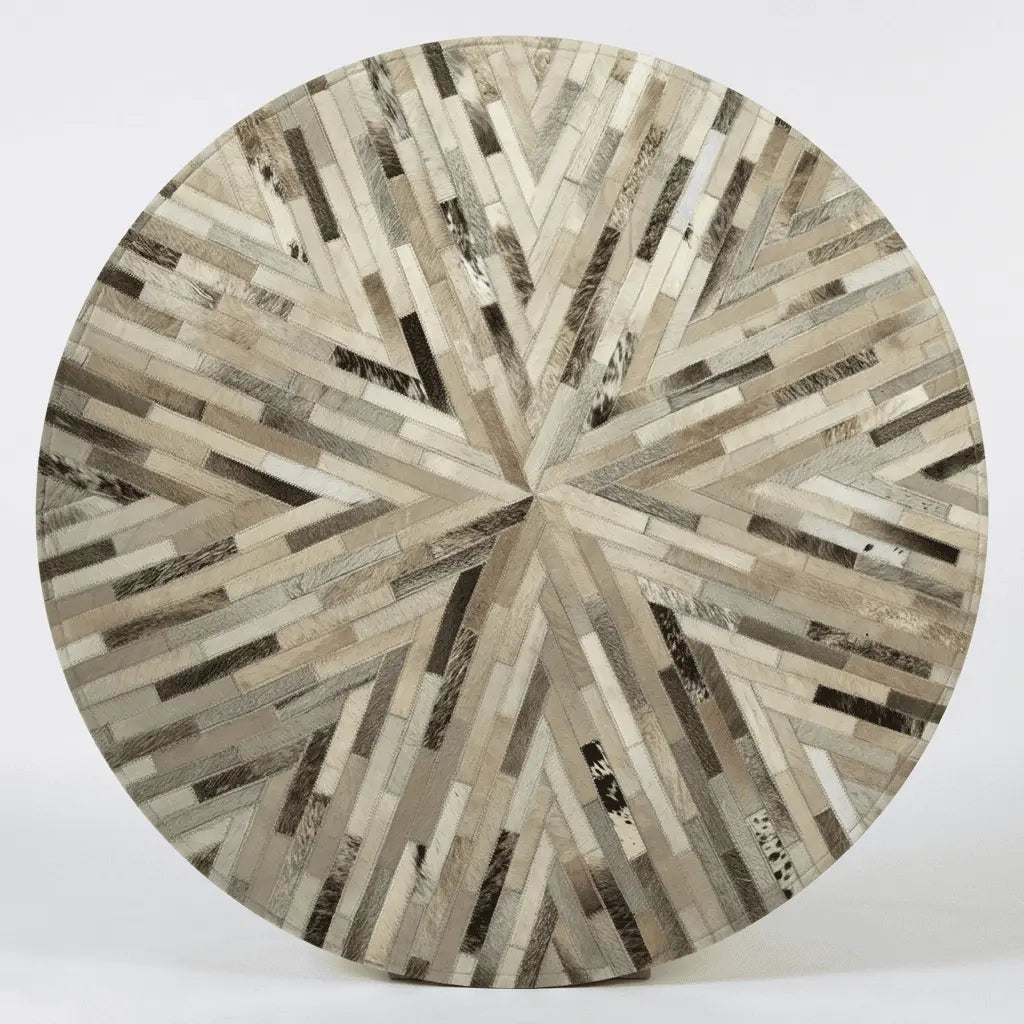 Tapis rond beige et gris présenté vu du dessus sur fond clair.