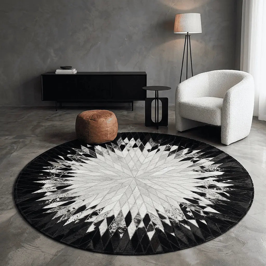 Tapis rond noir et blanc à motif radial, installé dans un salon moderne.
