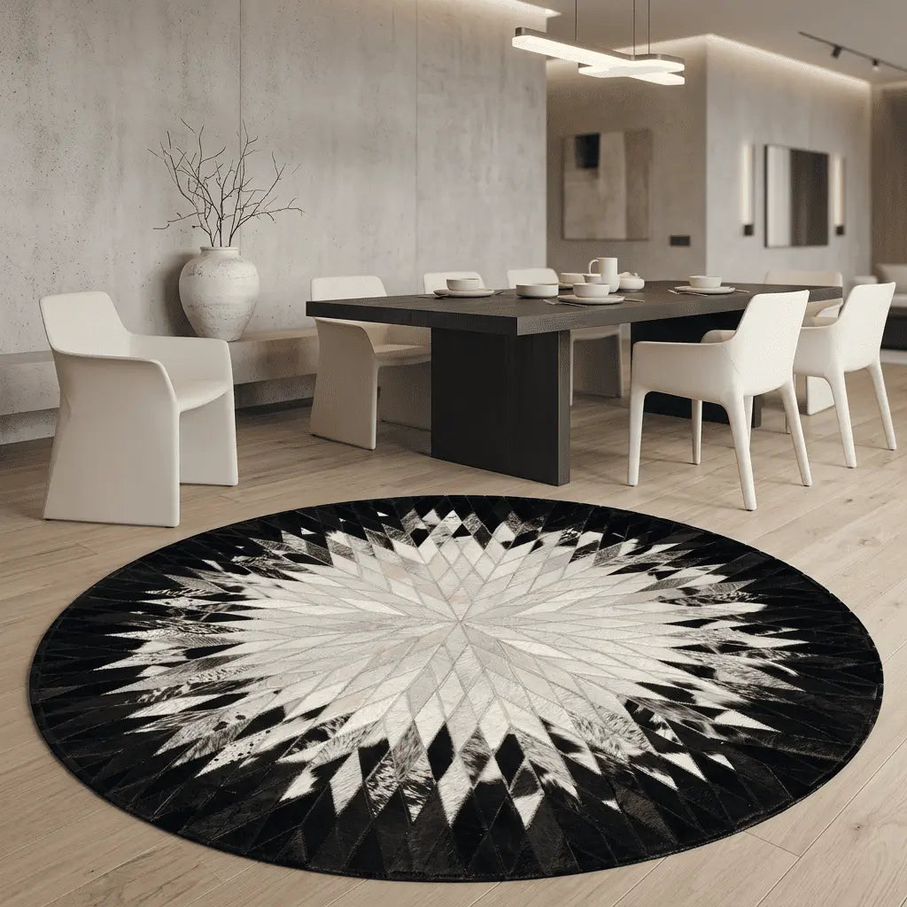 Tapis rond NÉBÉLIA installé sous une table dans une salle à manger contemporaine.
