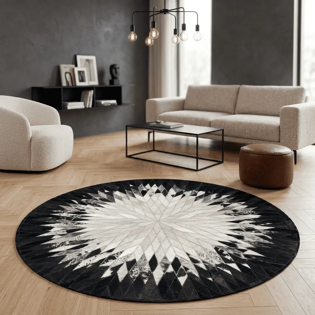 Tapis rond placé dans un salon élégant aux murs gris.