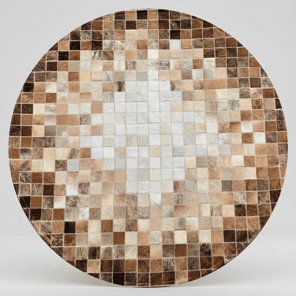 Tapis rond aux nuances marron, beige et blanc présenté vu du dessus sur fond clair.
