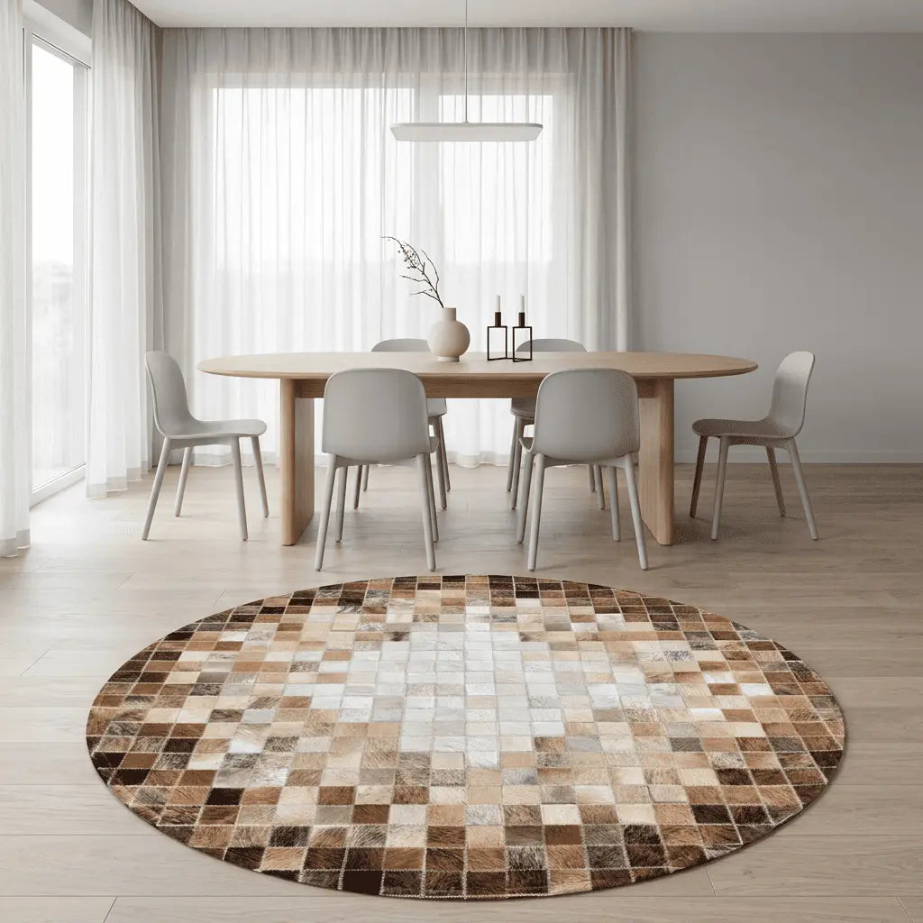 Tapis rond marron, beige et blanc à motif mosaïque, installé dans une salle à manger lumineuse.