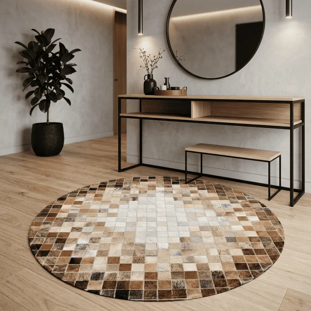 Tapis rond placé dans une entrée moderne sous une console en bois et métal.