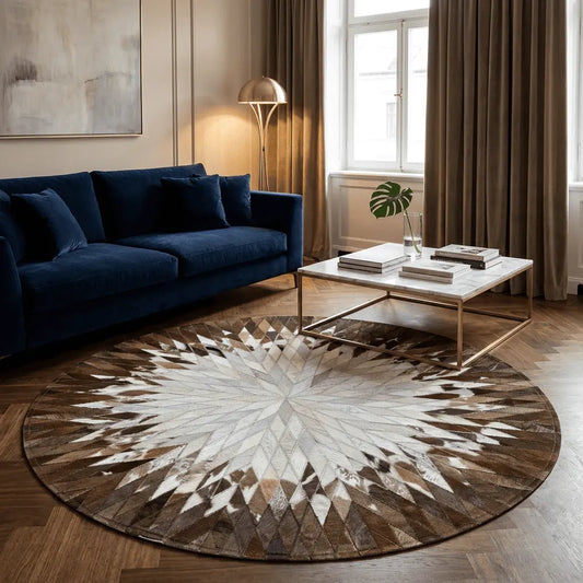 Tapis rond ÉCLIPSE placé dans un salon élégant avec canapé bleu profond.
