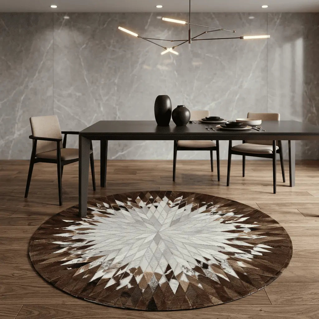 Tapis rond brun et blanc à motif étoilé, installé dans une salle à manger contemporaine.