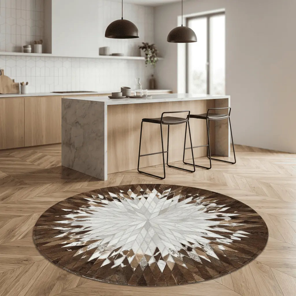 Tapis rond disposé dans une cuisine moderne aux tons clairs.